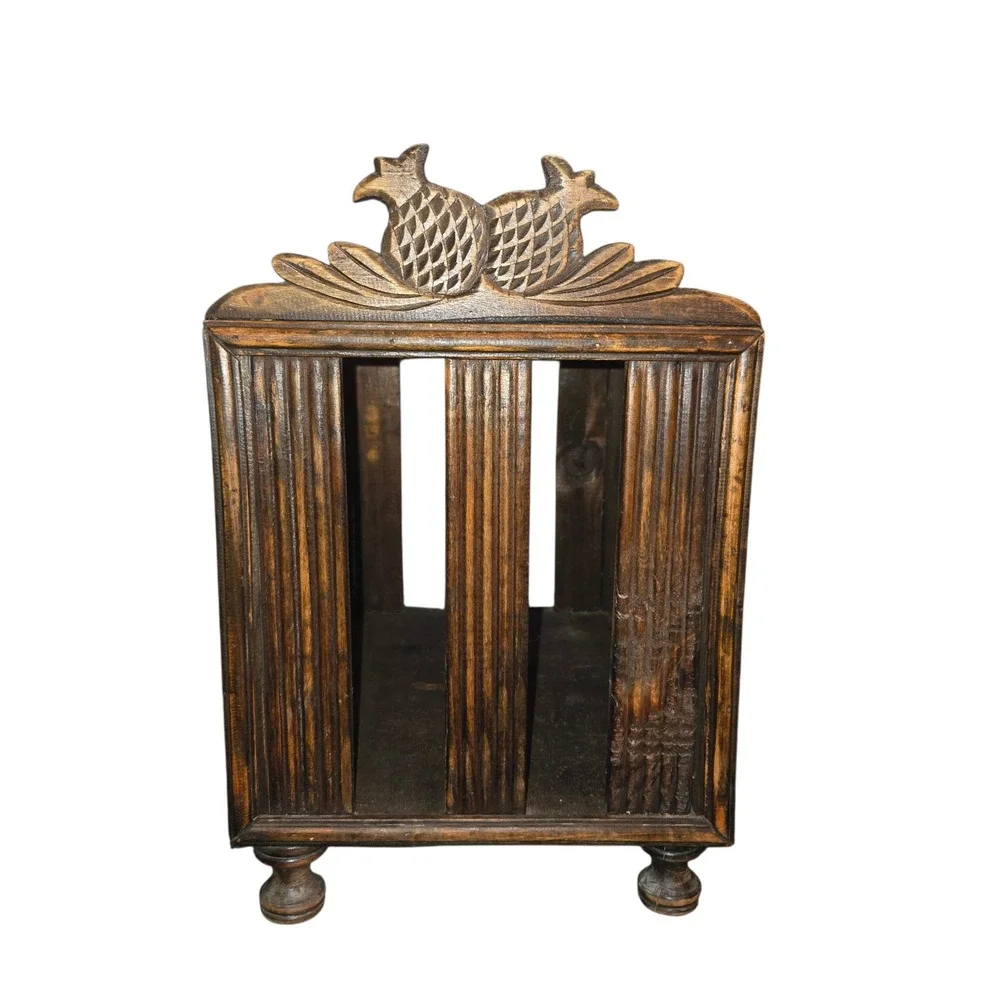 Vintage Brown Wood Magazine Rack Pineapple Carved Basket Weave Brass 14x13x9